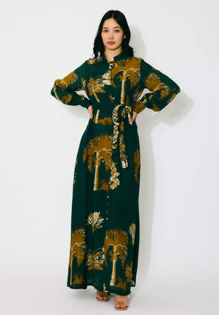 Dark green and mustard floral long shirt dress