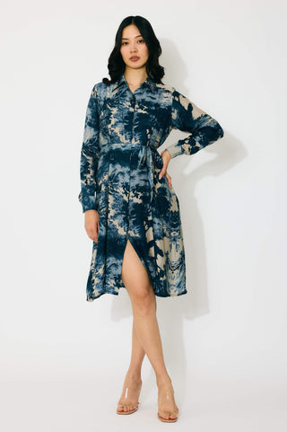Blue, indigo and beige toile print shirt dress