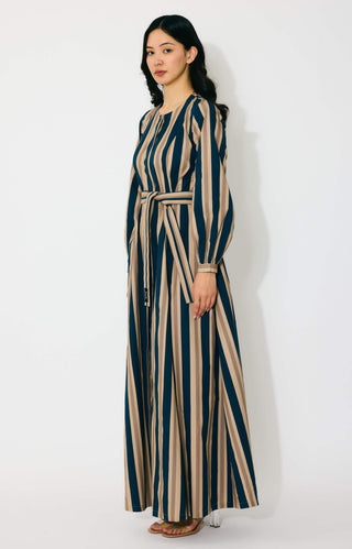 Dark blue, beige and cream stripe shirt dress