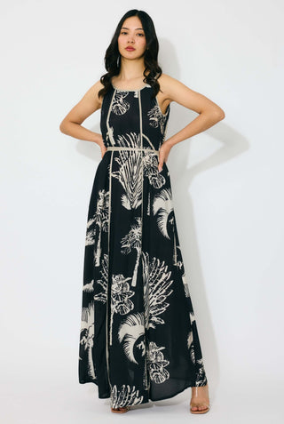 Black and beige floral sleeveless long dress