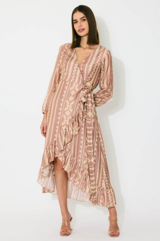 Peach and cream pattern wrap dress
