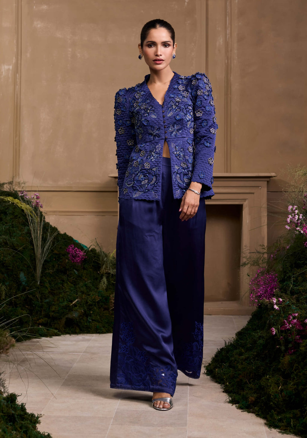 Yellow & Cobalt Blue Printed Jacket Set With Belt