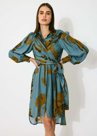 Sky blue and mustard floral wrap shirt dress