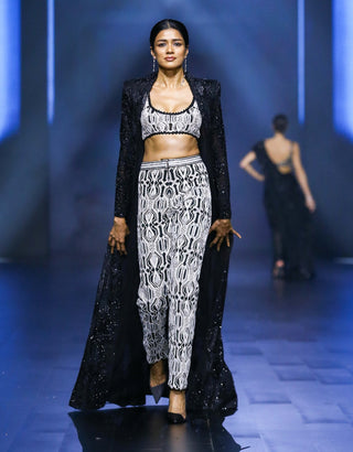 Eclipse monochrome pant, blouse and mesh trench coat set