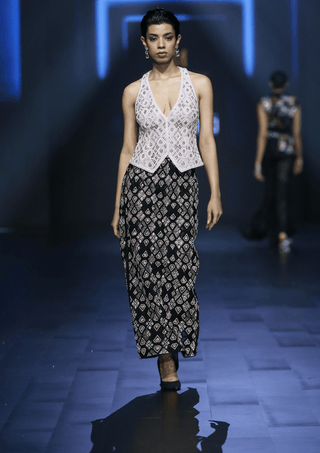 Mystic ivory and black retro midi skirt and retro waistcoat