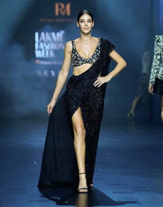 Nirvana black pinwheel pre-draped slit sari and blouse