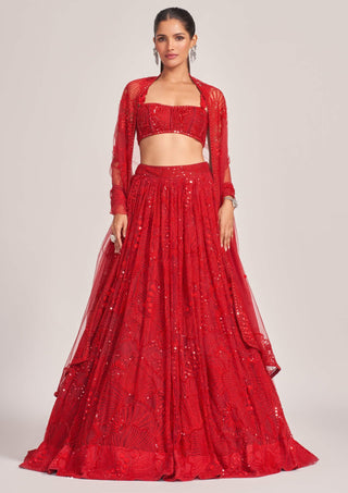Mishru-Red Kai Lehenga Set-INDIASPOPUP.COM