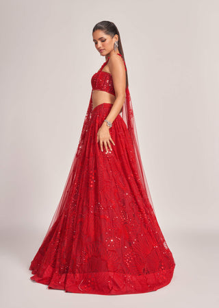 Mishru-Red Kai Lehenga Set-INDIASPOPUP.COM