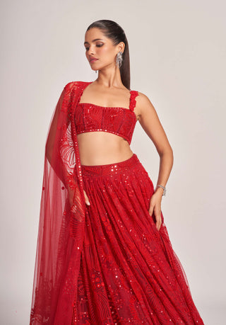 Mishru-Red Kai Lehenga Set-INDIASPOPUP.COM
