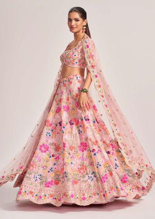 Aneesh Agarwaal-Salmon Pink Organza Embellished Lehenga Set-INDIASPOPUP.COM