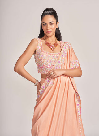 Rococo By Raghvi-Rosette Peach Sequin Sharara And Drape Set-INDIASPOPUP.COM