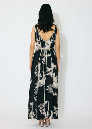 Black and beige floral sleeveless long dress