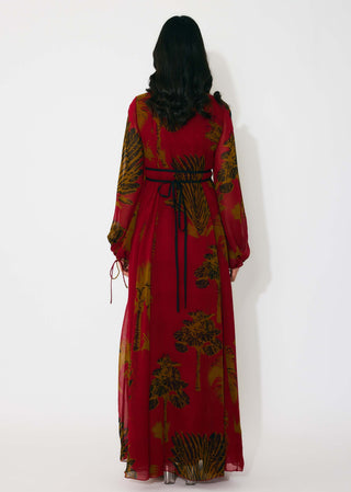 Red, mustard and black floral long shirt dress
