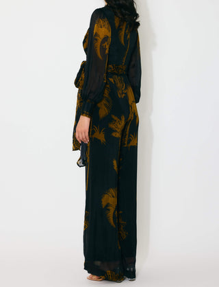 Black and gold floral wrap jumpsuit