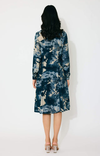 Blue, indigo and beige toile print shirt dress