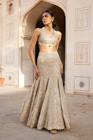 Beige Champagne Top And Fish-Cut Skirt by Osaa By Adarsh, available on Indiaspopup.com