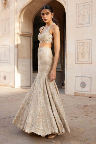 Beige Champagne Top And Fish-Cut Skirt by Osaa By Adarsh, available on Indiaspopup.com