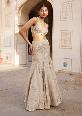 Beige Champagne Top And Fish-Cut Skirt by Osaa By Adarsh, available on Indiaspopup.com