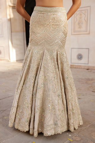 Beige Champagne Top And Fish-Cut Skirt by Osaa By Adarsh, available on Indiaspopup.com