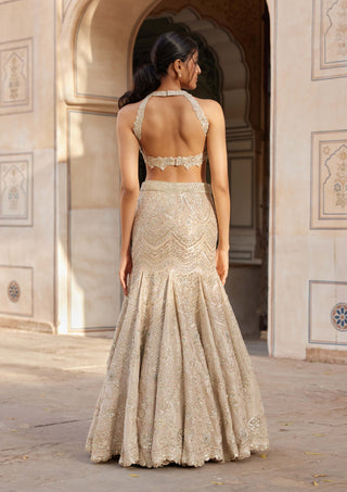 Beige Champagne Top And Fish-Cut Skirt by Osaa By Adarsh, available on Indiaspopup.com