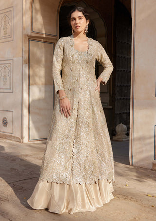 Beige Champagne Embroidered Jacket And Skirt Set by Osaa By Adarsh, available on Indiaspopup.com