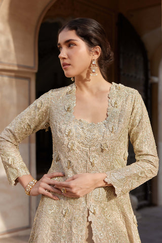 Beige Champagne Embroidered Jacket And Skirt Set by Osaa By Adarsh, available on Indiaspopup.com