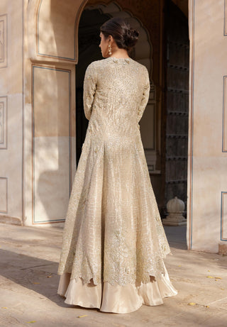 Beige Champagne Embroidered Jacket And Skirt Set by Osaa By Adarsh, available on Indiaspopup.com