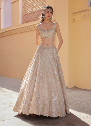Beige Champagne Embroidered Lehenga Set by Osaa By Adarsh, available on Indiaspopup.com