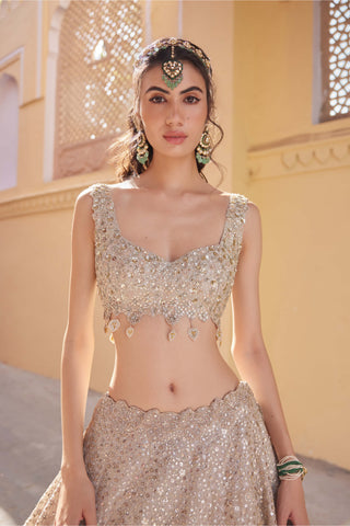 Beige Champagne Embroidered Lehenga Set by Osaa By Adarsh, available on Indiaspopup.com