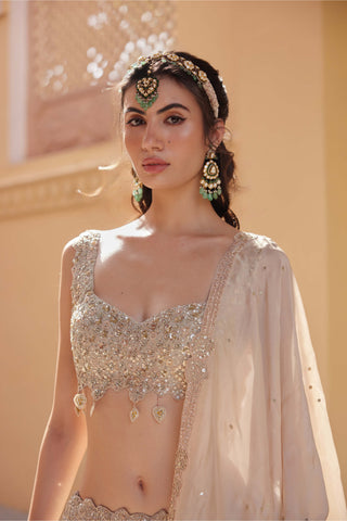 Beige Champagne Embroidered Lehenga Set by Osaa By Adarsh, available on Indiaspopup.com