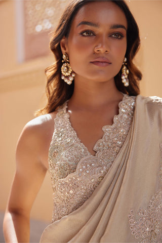 Beige Champagne Embroidered Sari And Blouse by Osaa By Adarsh, available on Indiaspopup.com