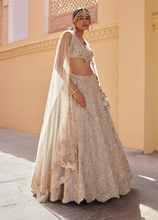 Beige Champagne Tissue Silk Lehenga Set by Osaa By Adarsh, available on Indiaspopup.com