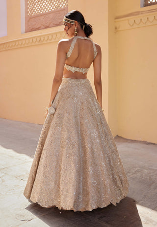 Beige Champagne Tissue Silk Lehenga Set by Osaa By Adarsh, available on Indiaspopup.com