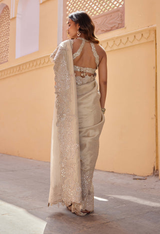 Beige Champagne Embroidered Sari And Blouse by Osaa By Adarsh, available on Indiaspopup.com