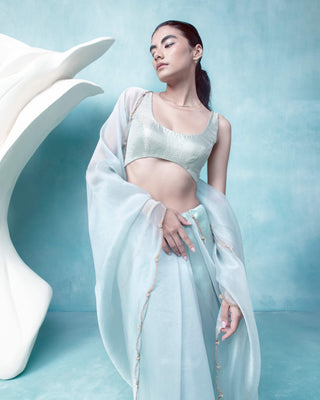 Opal Blue Organza Sari With Unstitched Blouse by Ekaya available on Indiaspopup.com