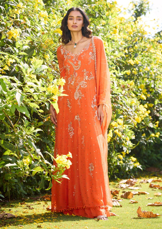 Russet Rose Chiffon Kalidar Kurta And Sharara Set by Dolly J, available on Indiaspopup.com