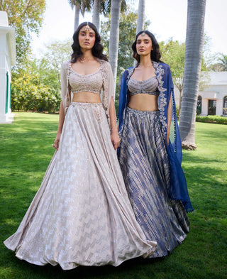 Adeline Ivory Silver Chiffon Lehenga And Cape Set by Dolly J, available on Indiaspopup.com