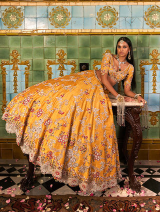 Elaheh Mustard Lehenga Set by Dolly J available on Indiaspopup.com