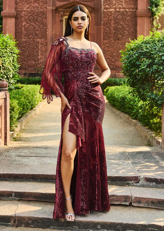 Benaisha Maroon Drape Gown by Dolly J available on Indiaspopup.com