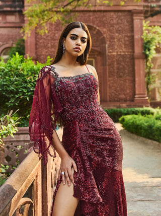 Benaisha Maroon Drape Gown by Dolly J available on Indiaspopup.com