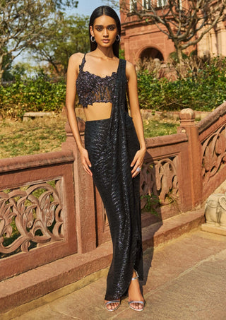 Bonita Black Drape Sari And Blouse by Dolly J available on Indiaspopup.com