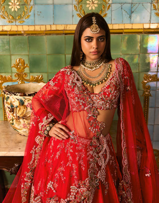 Cerise Red Bridal Lehenga Set by Dolly J available on Indiaspopup.com