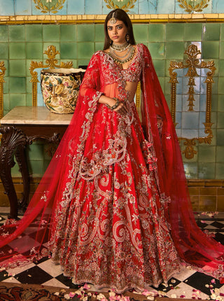 Cerise Red Bridal Lehenga Set by Dolly J available on Indiaspopup.com