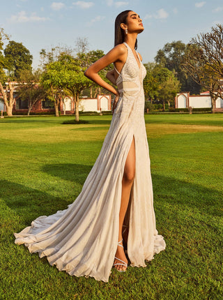 Ela Halter Neck Ivory Gown by Dolly J available on Indiaspopup.com