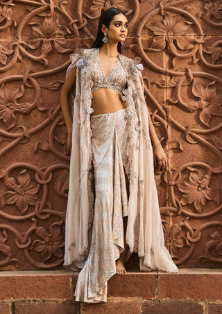 Eleanor Silver Skirt Bustier And Cape Set by Dolly J available on Indiaspopup.com