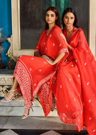 Orange Chiffon Chikankari Kaftan by Dolly J available on Indiaspopup.com