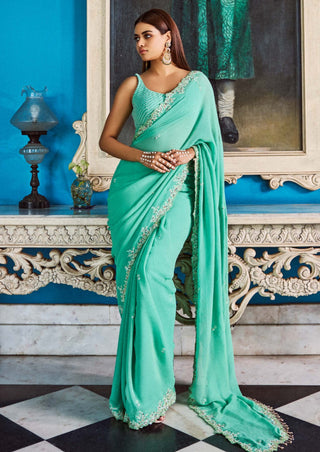 Meadow Silk Chiffon Sari And Blouse by Dolly J available on Indiaspopup.com
