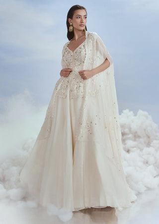 Nachiket Barve-Ivory Organza Cape And Lehenga Set-INDIASPOPUP.COM