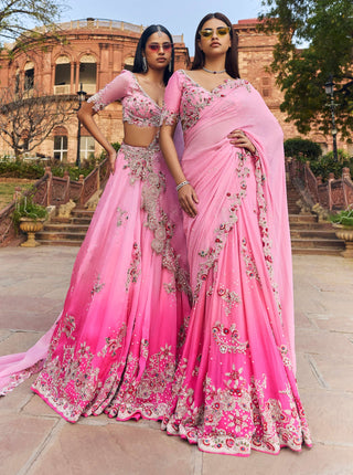 Pink Shaded Chiffon Lehenga Sari Set by Dolly J available on Indiaspopup.com