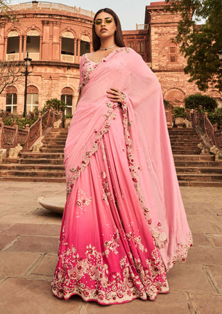 Pink Shaded Chiffon Lehenga Sari Set by Dolly J available on Indiaspopup.com